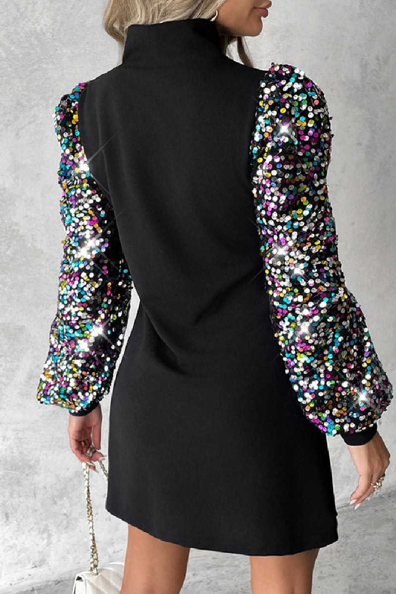 Vestidos casuales de manga larga con cuello alto y lentejuelas ahuecadas con patchwork