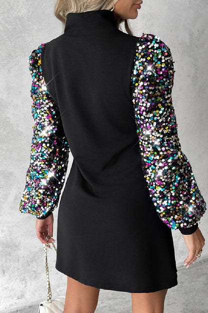 Vestidos casuales de manga larga con cuello alto y lentejuelas ahuecadas con patchwork