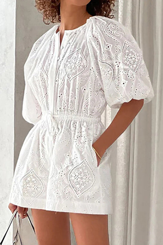Mono holgado informal sencillo con cuello redondo, bolsillos y cordón, liso y ahuecado