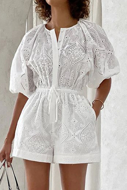 Mono holgado informal sencillo con cuello redondo, bolsillos y cordón, liso y ahuecado