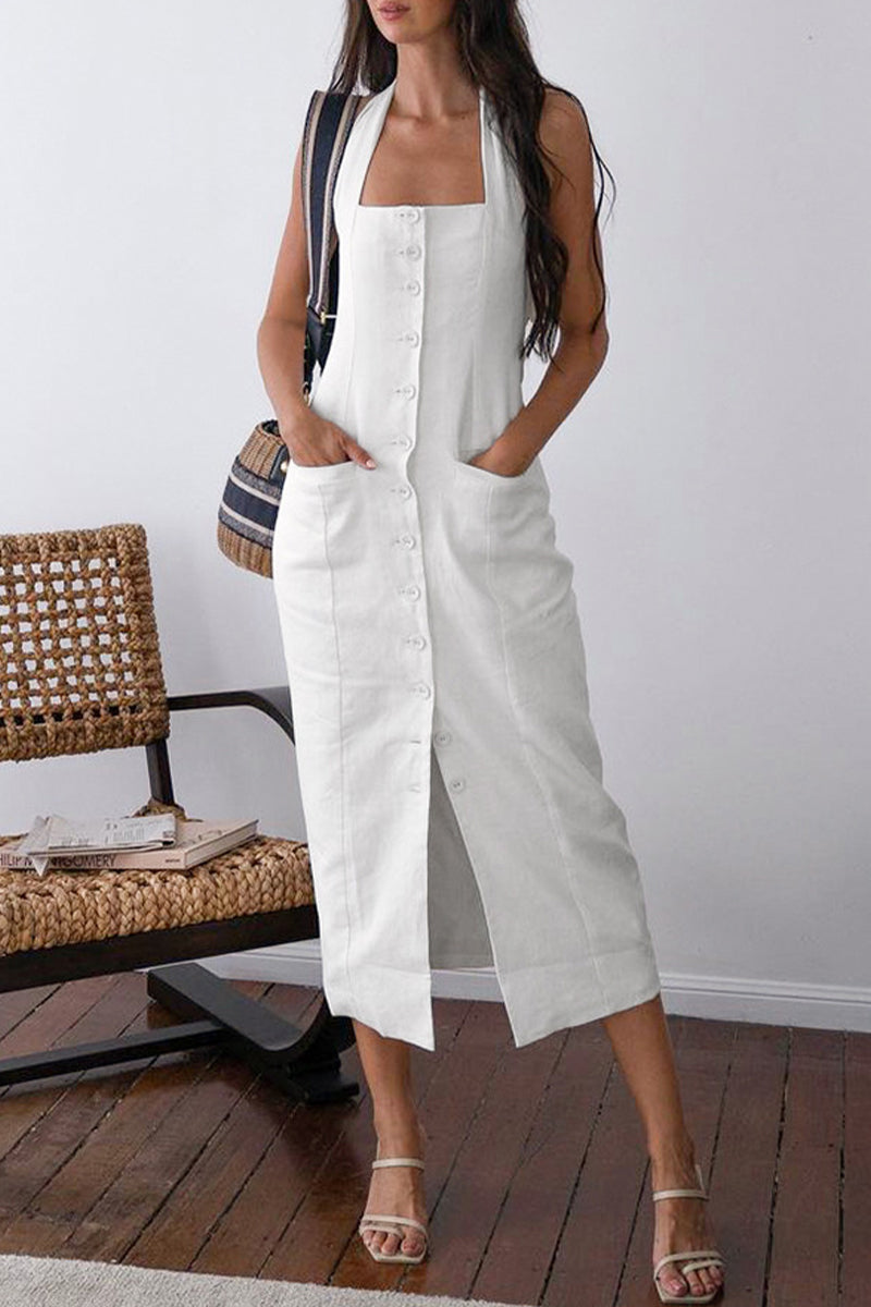 Elegante vestido sin mangas con cuello halter, botones sólidos y lazo.