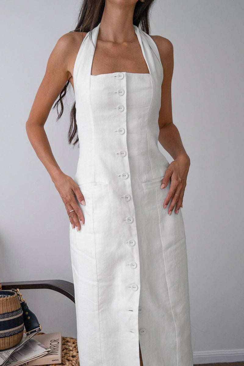 Elegante vestido sin mangas con cuello halter, botones sólidos y lazo.