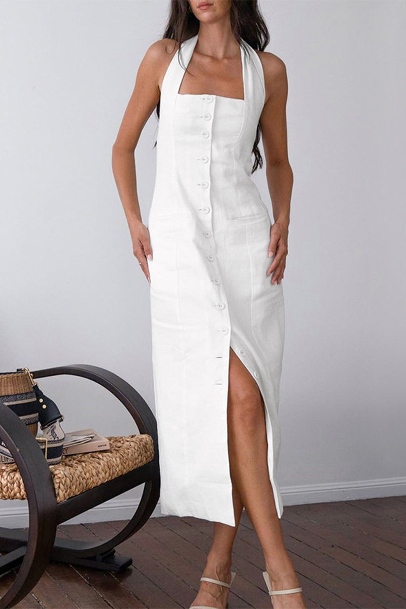 Elegante vestido sin mangas con cuello halter, botones sólidos y lazo.