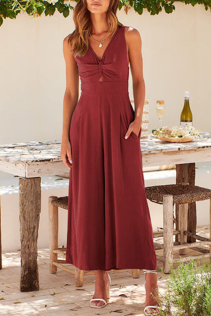 Casual Simplicity Solid Pocket Backless V Neck Loose Jumpsuits