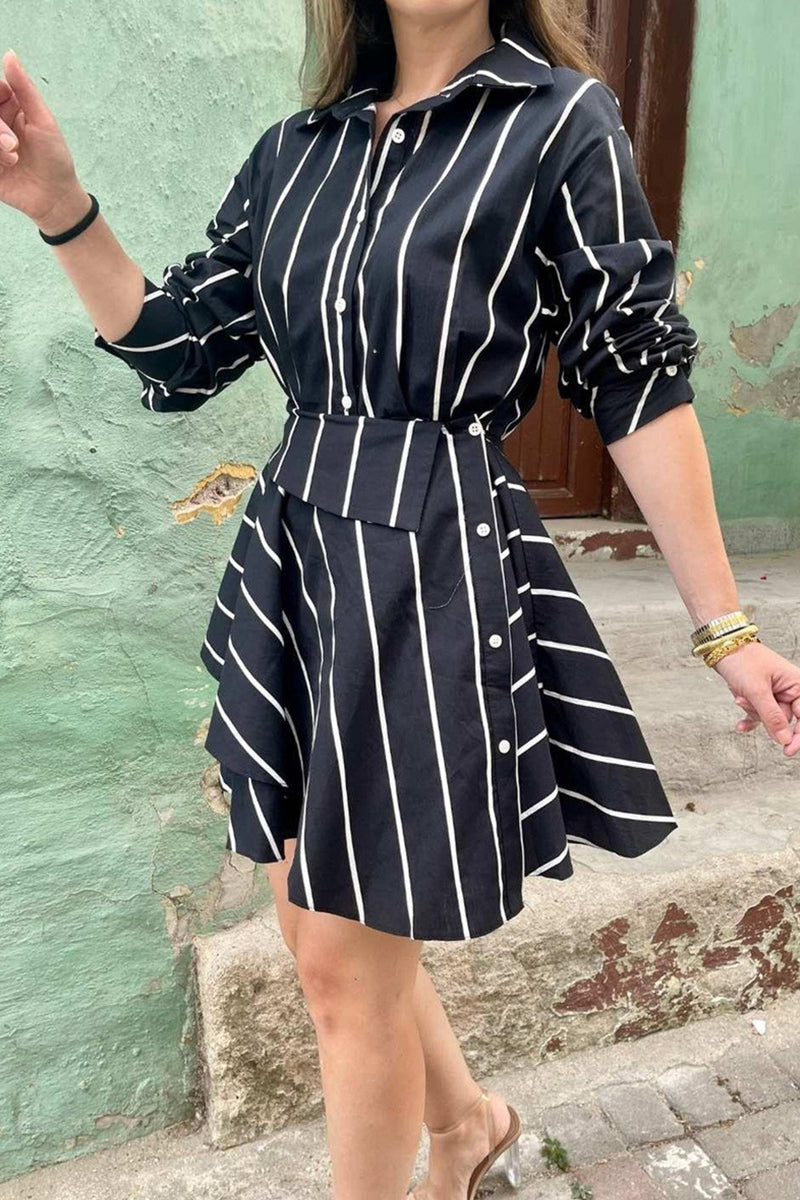 Elegantes vestidos de línea A con cuello de camisa vieja y rayas