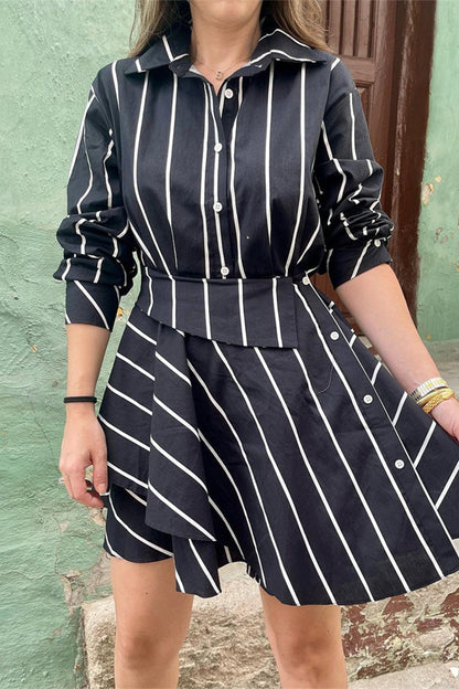 Elegantes vestidos de línea A con cuello de camisa vieja y rayas