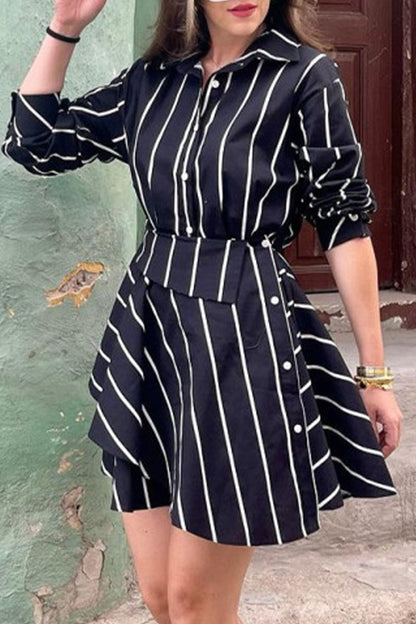 Elegantes vestidos de línea A con cuello de camisa vieja y rayas