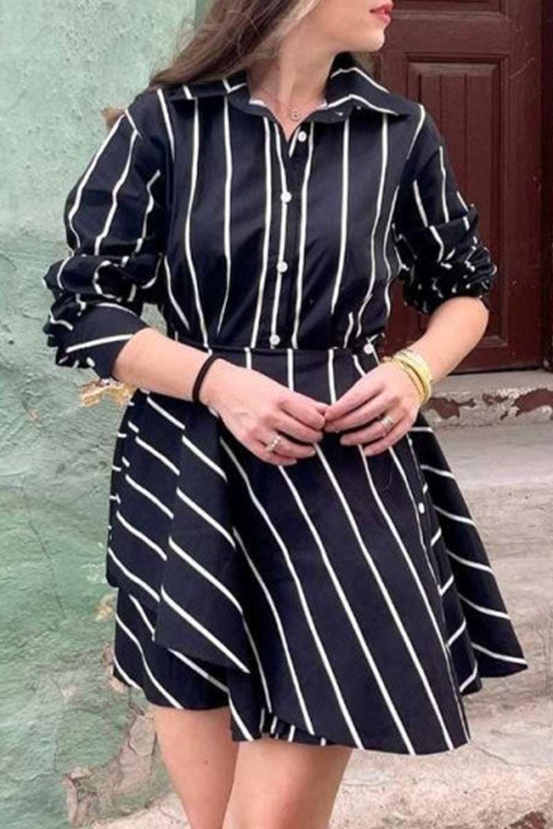 Elegantes vestidos de línea A con cuello de camisa vieja y rayas