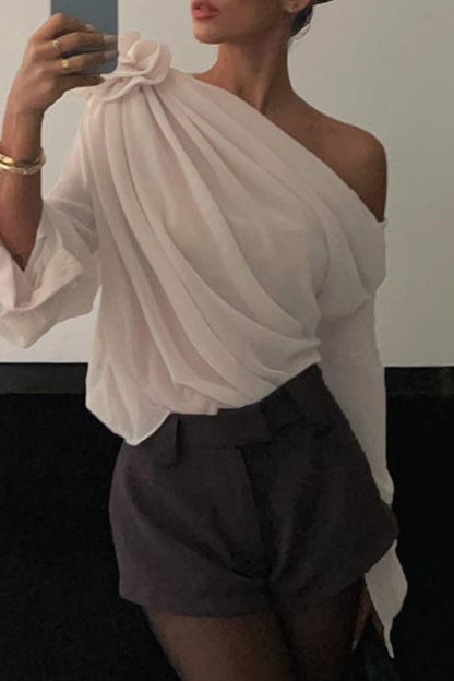 Tops casuales de cuello oblicuo con patchwork sólido