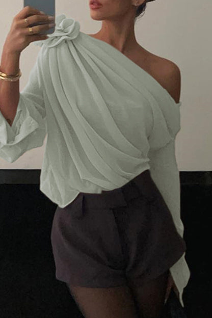 Tops casuales de cuello oblicuo con patchwork sólido