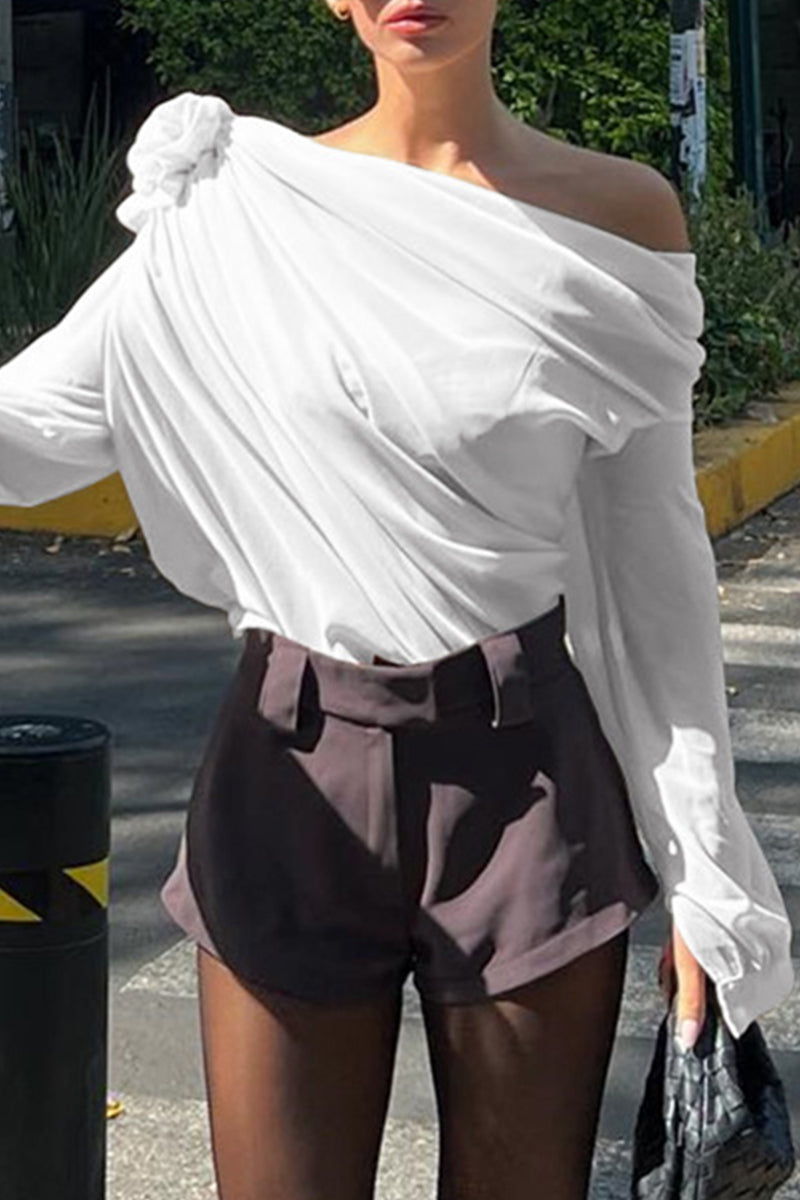 Tops casuales de cuello oblicuo con patchwork sólido