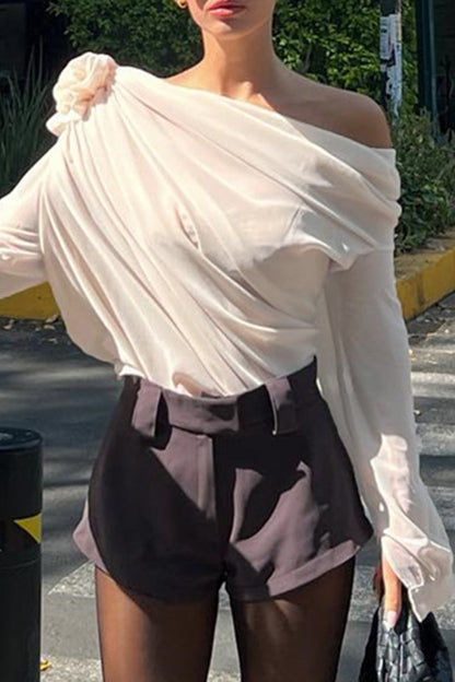 Tops casuales de cuello oblicuo con parches sólidos (4 colores)