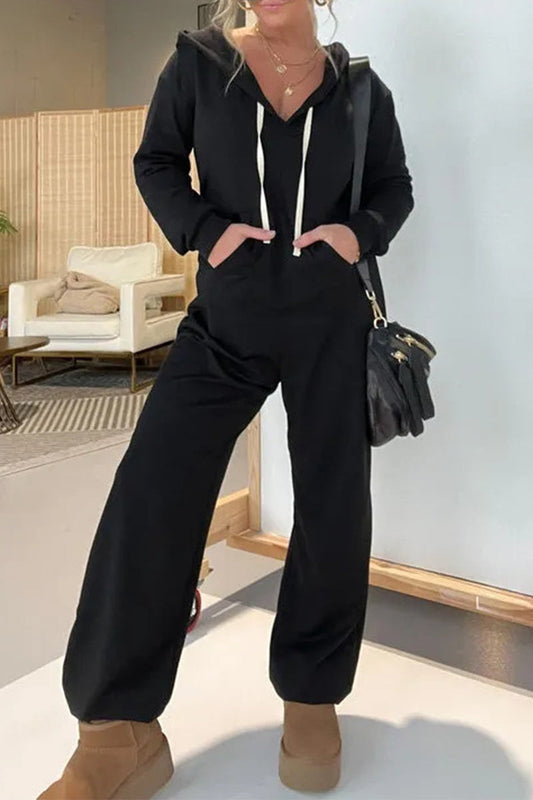 Mono holgado informal sencillo con cuello y capucha, bolsillos y cordón ajustable (3 colores)