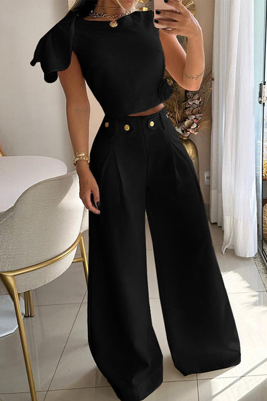 Celebridades Elegante Botones Sólidos Cuello Redondo Manga Corta Dos Piezas