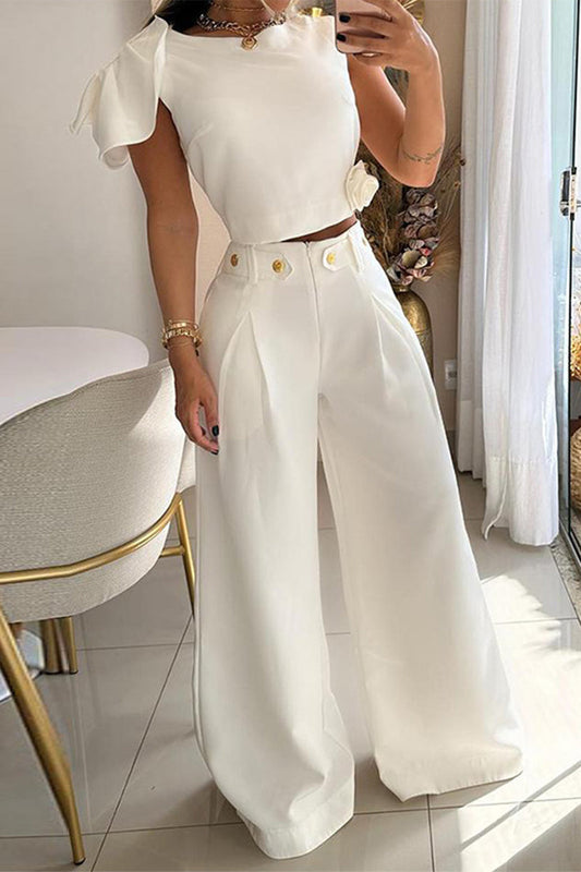 Celebridades Elegante Botones Sólidos Cuello Redondo Manga Corta Dos Piezas