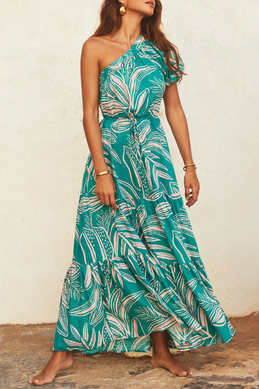 Vestido bohemio elegante con estampado floral y cuello oblicuo con frenillo