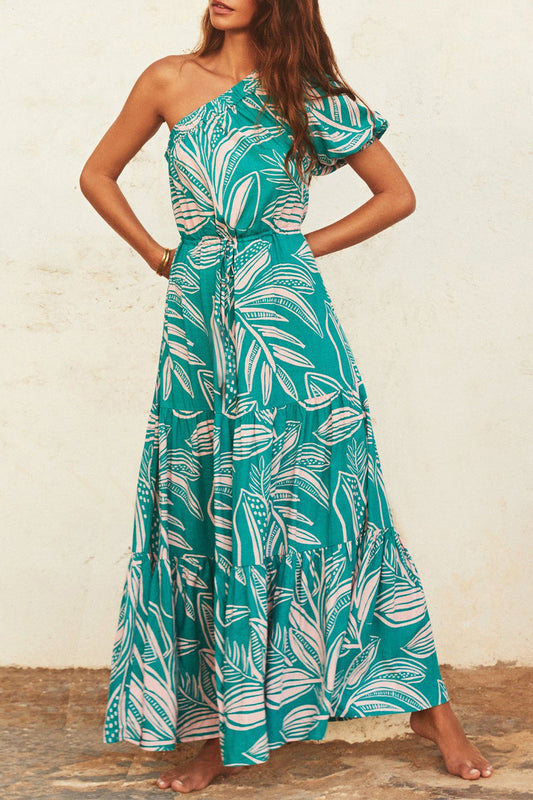 Vestido bohemio elegante con estampado floral y cuello oblicuo con frenillo