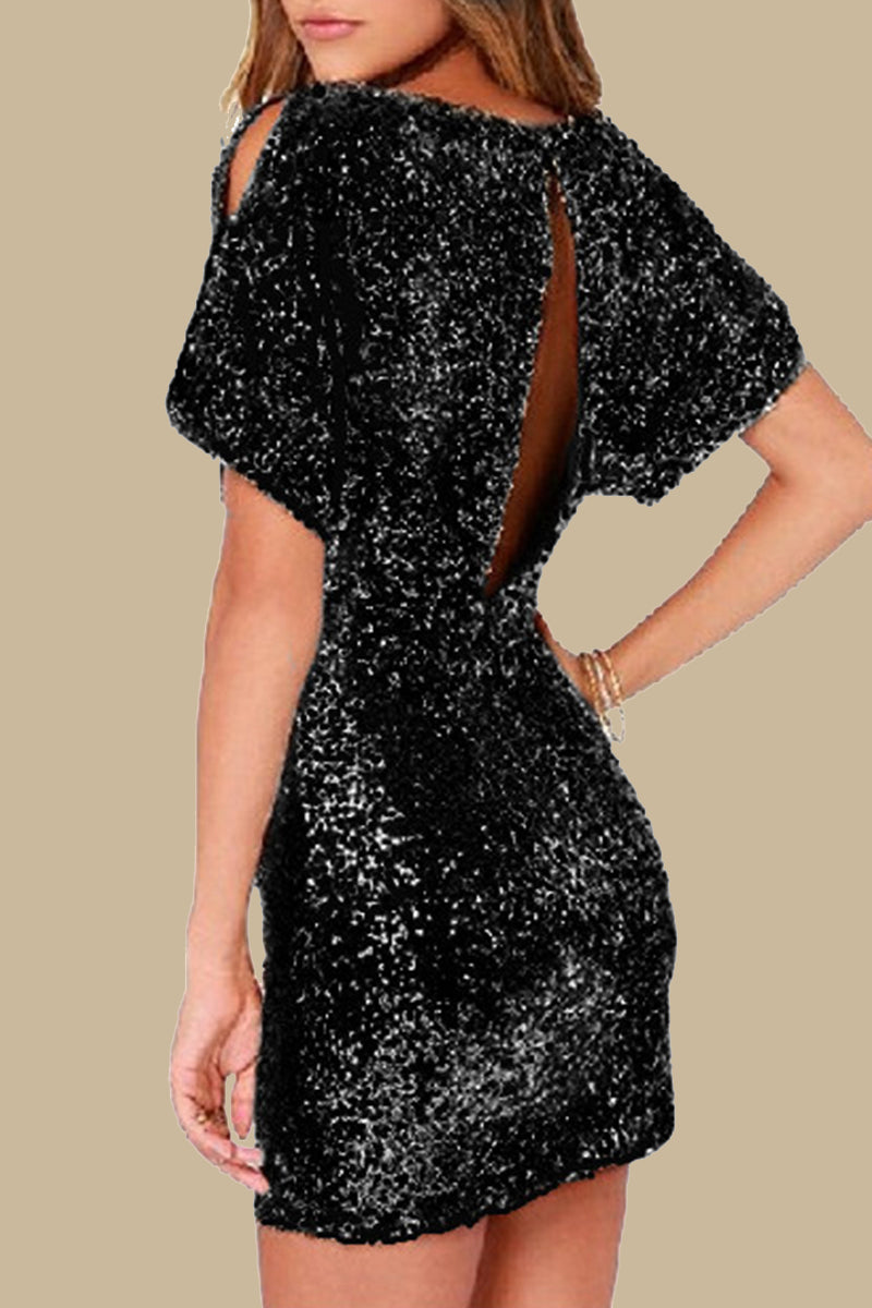 Vestidos casuales de fiesta con lentejuelas sólidas y cuello redondo con falda cruzada