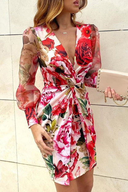 Vestido sexy con estampado geométrico de patchwork y cuello en V doblado