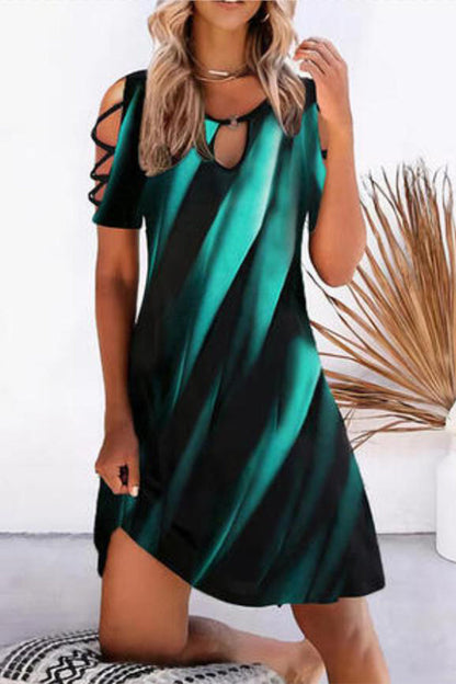 Vestido informal de manga corta con cuello redondo, estampado geométrico ahuecado (10 colores)