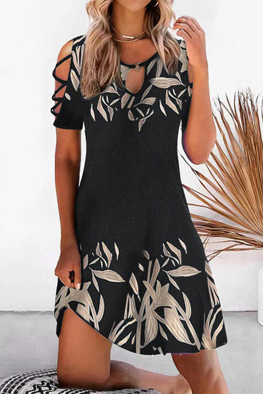 Vestido informal de manga corta con cuello redondo y estampado geométrico ahuecado