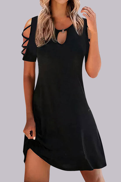 Vestido informal de manga corta con cuello redondo, estampado geométrico ahuecado (10 colores)