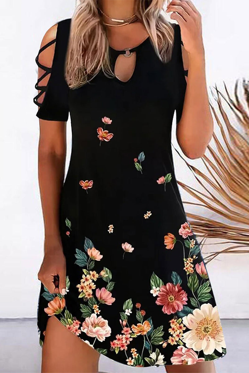 Vestido informal de manga corta con cuello redondo, estampado geométrico ahuecado (10 colores)