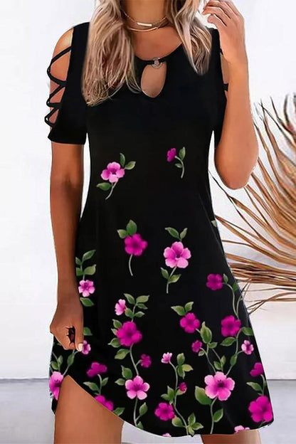 Vestido informal de manga corta con cuello redondo, estampado geométrico ahuecado (10 colores)