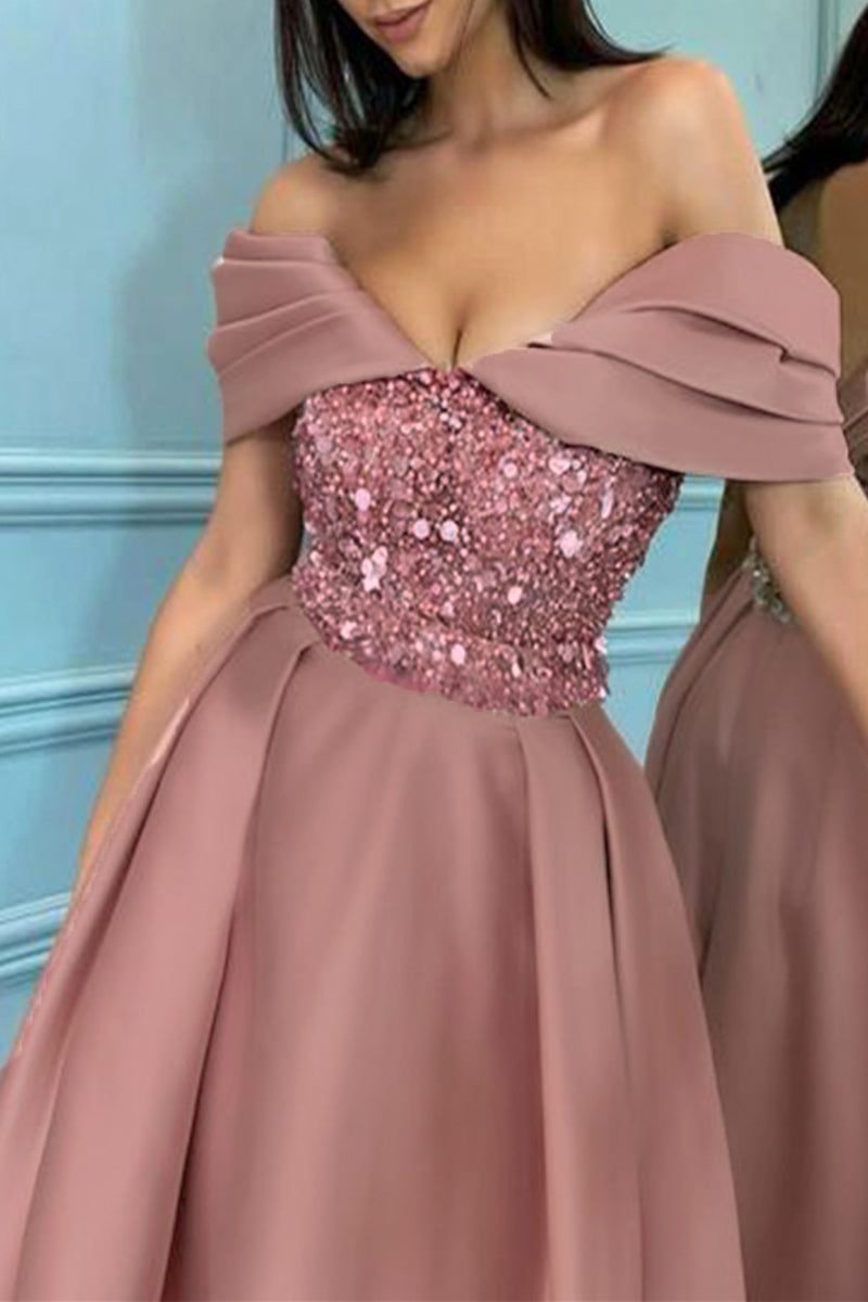 Vestidos de princesa sexys formales con lentejuelas sólidas y hombros descubiertos