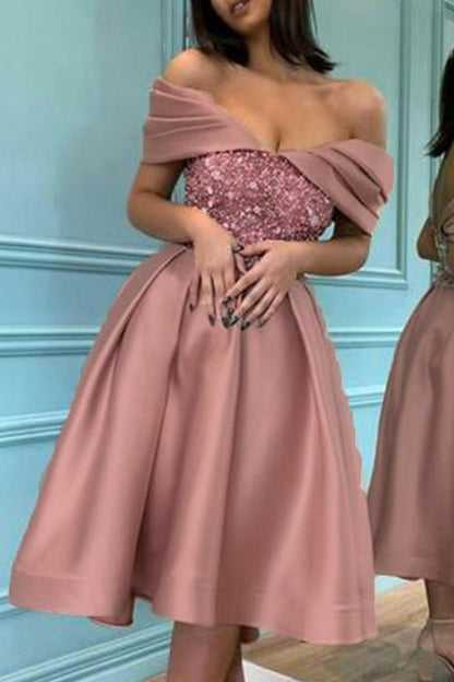 Vestidos de princesa sexys formales con lentejuelas sólidas y hombros descubiertos