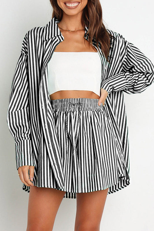 Conjunto informal de dos piezas con cuello vuelto, manga larga y rayas de uso diario (4 colores)