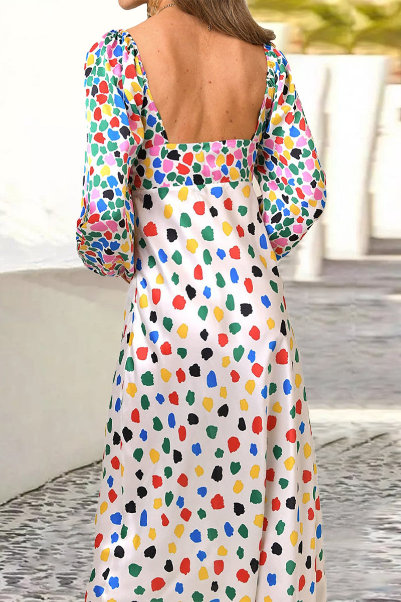 Vestido elegante y dulce con estampado de lunares y escote en V en contraste