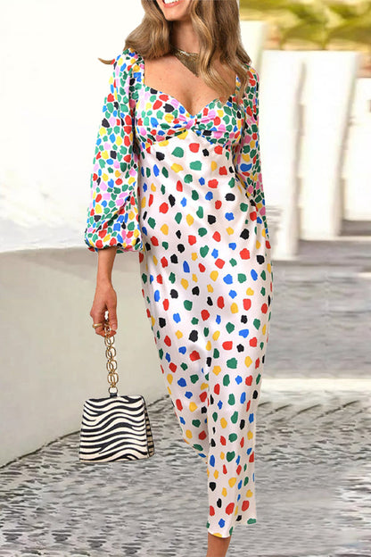 Vestido elegante y dulce con estampado de lunares y escote en V en contraste