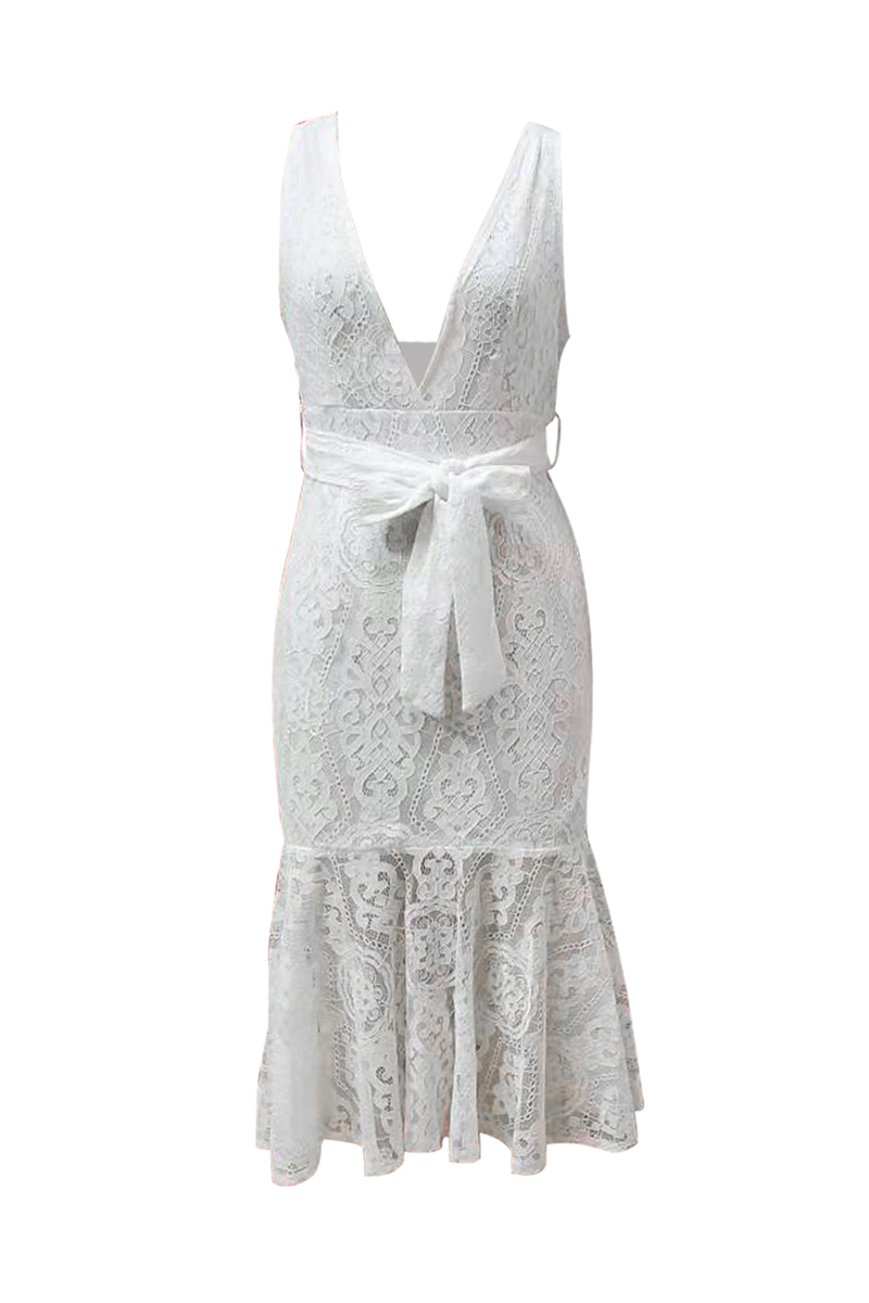 Vestidos de fiesta sexys de sirena con escote en V, de encaje liso y lazo