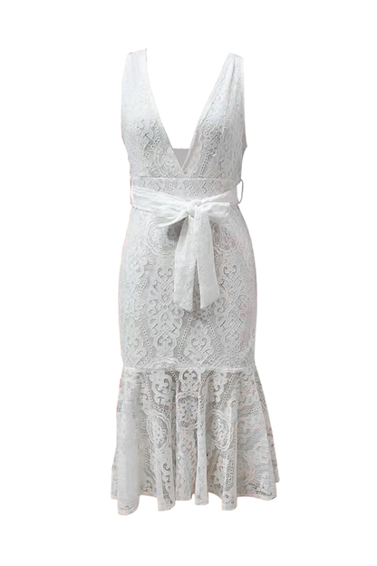 Vestidos de fiesta sexys de sirena con escote en V, de encaje liso y lazo