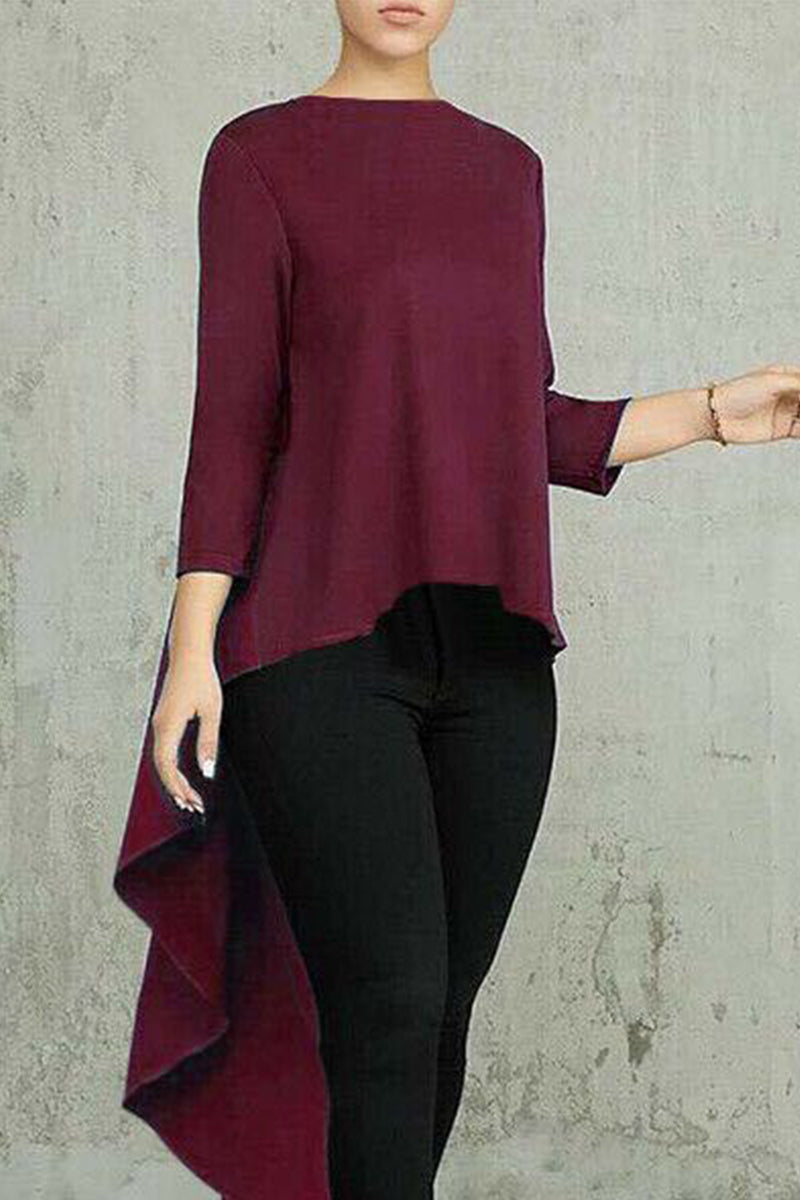 Tops casuales sencillos de cuello redondo asimétricos y sólidos