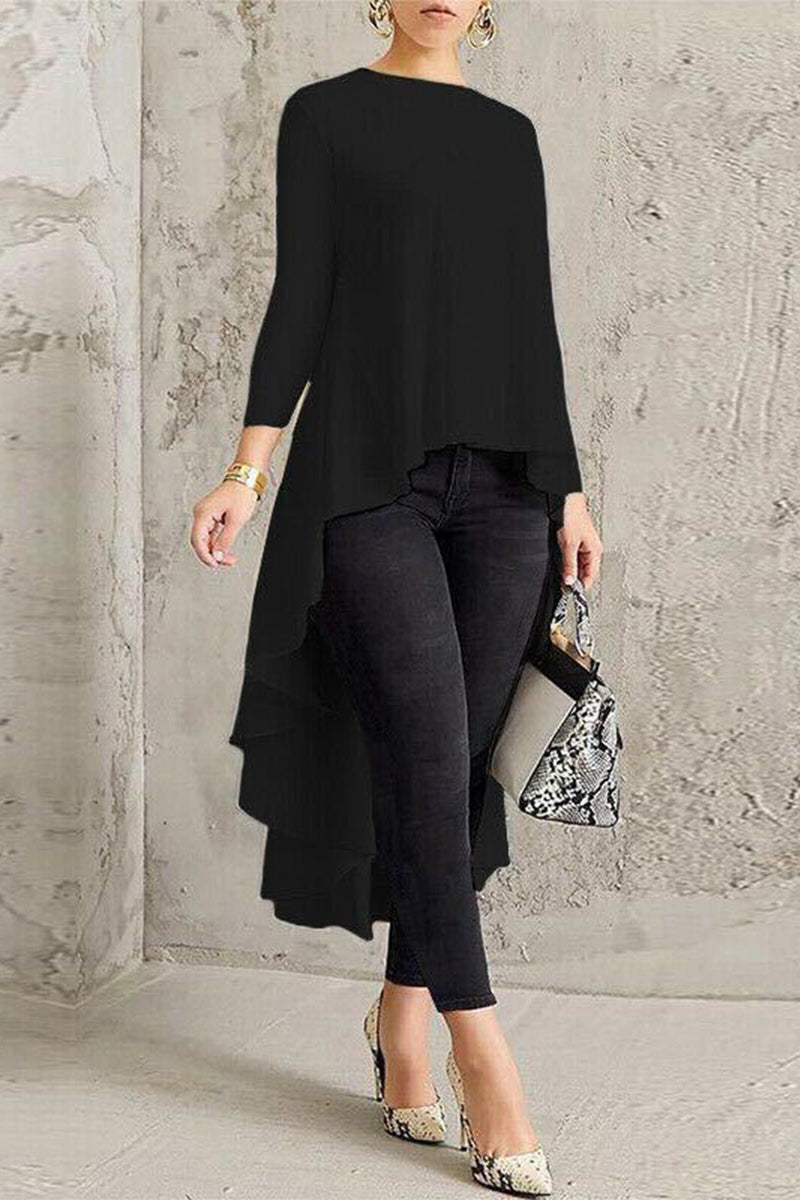 Tops casuales sencillos de cuello redondo asimétricos y sólidos