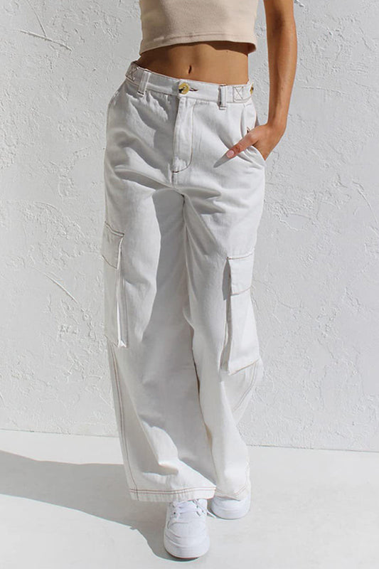 Pantalones casuales sencillos de color liso con bolsillos, sueltos, de cintura baja y rectos.