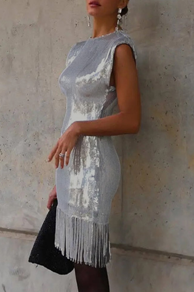 Vestidos sexis de falda cruzada con cuello redondo y borlas sólidas