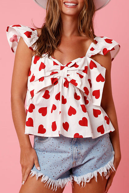 Tops con cuello en V, bonitos y dulces estampados geométricos y lazo