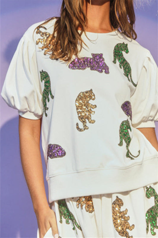Conjunto informal de dos piezas con lentejuelas bordadas con animales y cuello redondo, manga corta