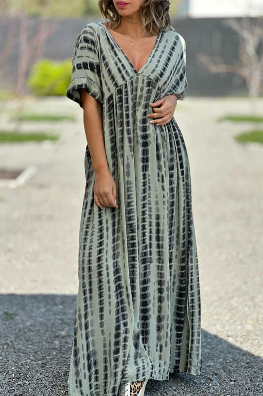 Vestidos casuales vintage con estampado geométrico, escote en V y abertura en la espalda