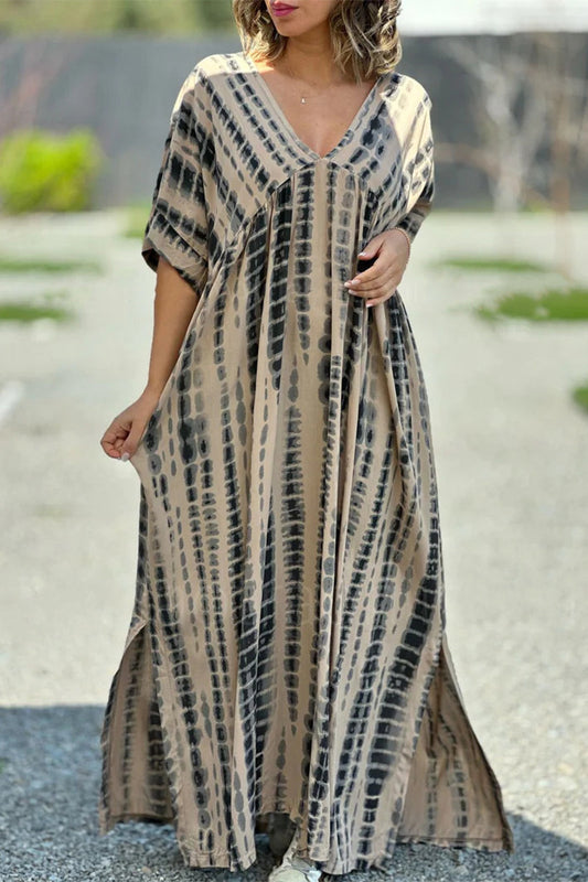 Vestidos casuales vintage con estampado geométrico, escote en V y abertura en la espalda
