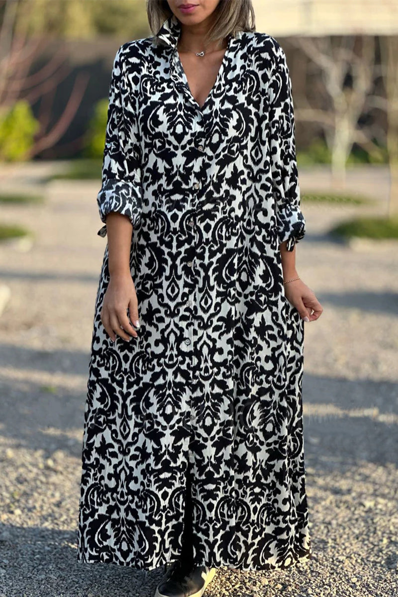 Vestido camisero informal con cuello vuelto y estampado geométrico dulce