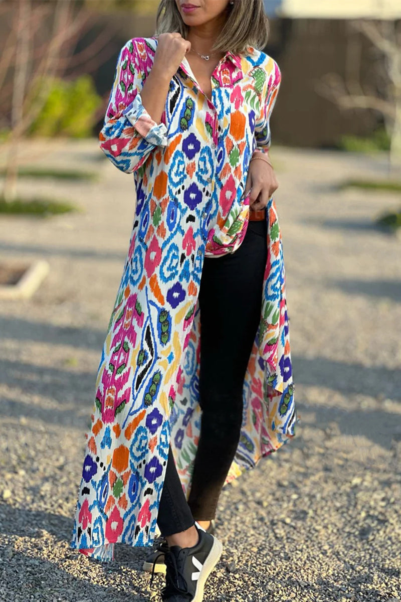 Vestido camisero informal con cuello vuelto y estampado geométrico dulce