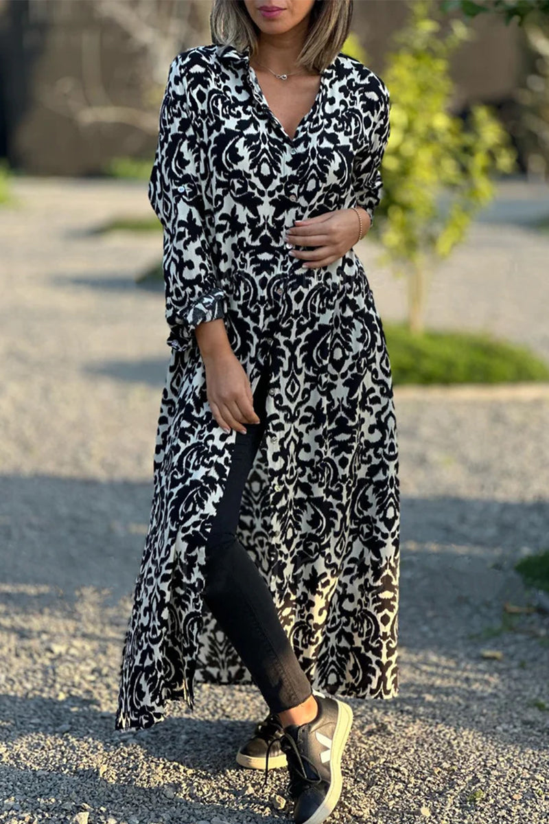 Vestido camisero informal con cuello vuelto y estampado geométrico dulce