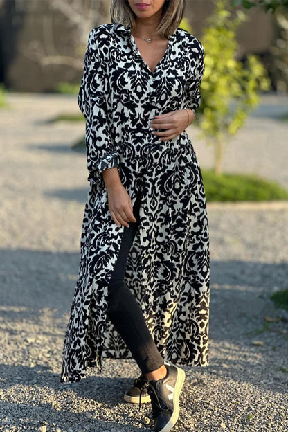 Vestido camisero informal con cuello vuelto y estampado geométrico dulce