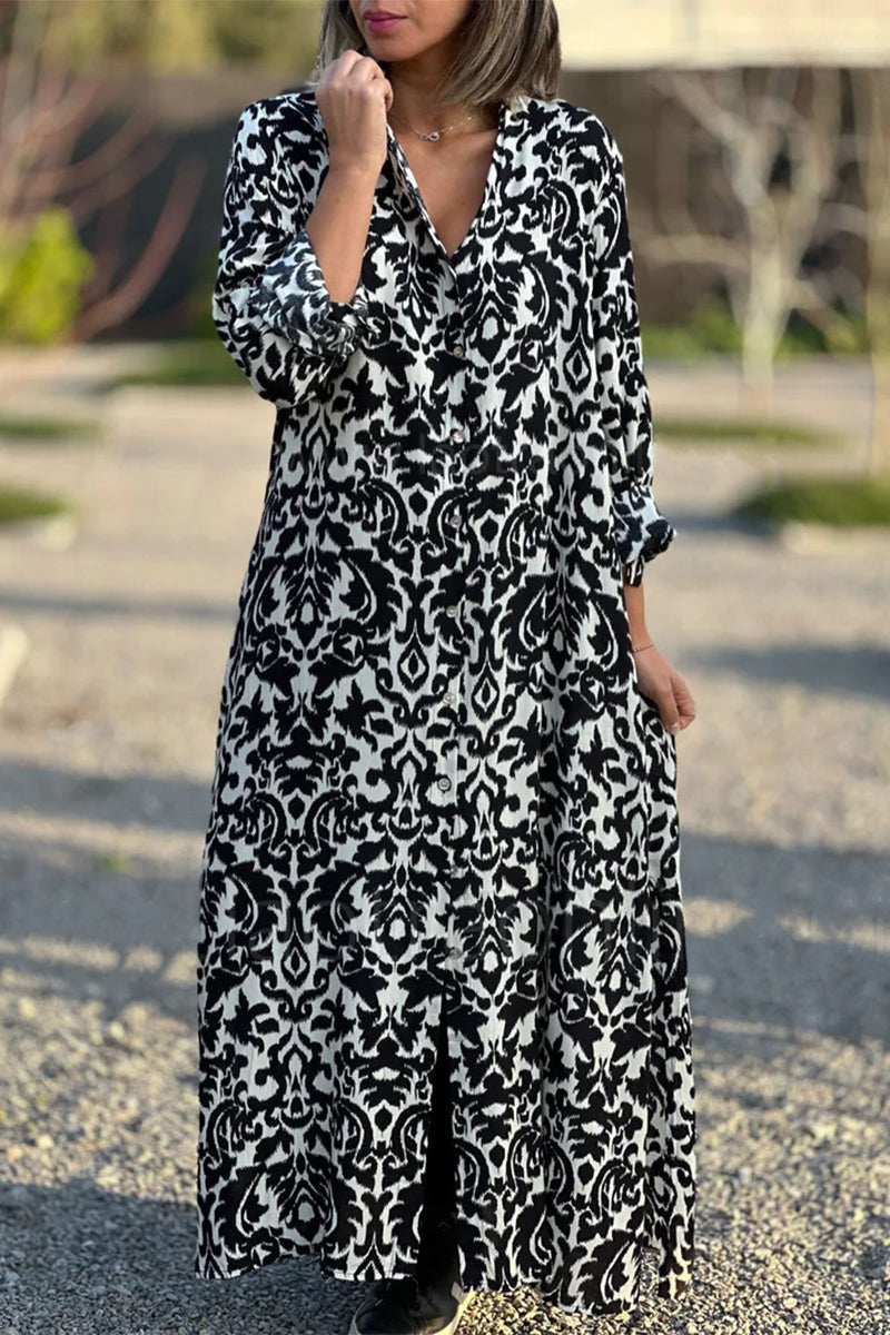 Vestido camisero informal con cuello vuelto y estampado geométrico dulce