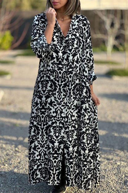 Vestido camisero informal con cuello vuelto y estampado geométrico dulce