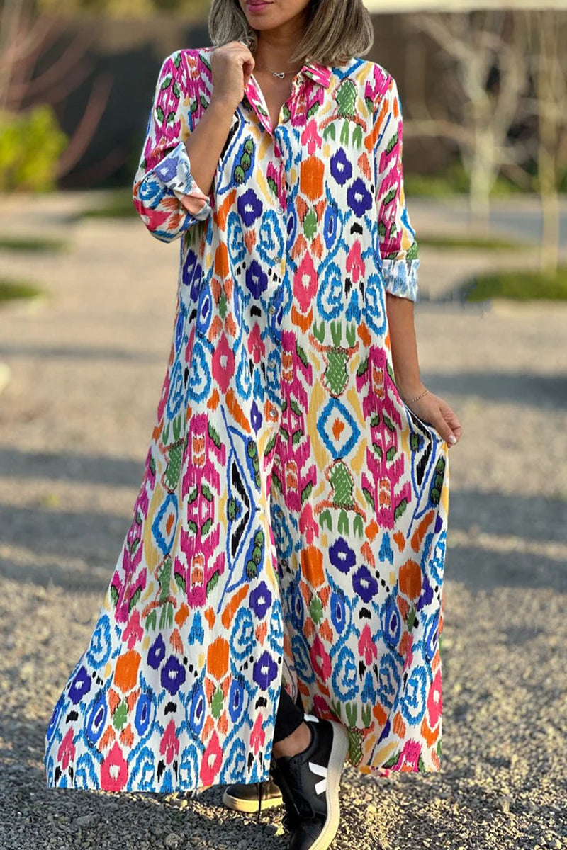 Vestido camisero informal con cuello vuelto y estampado geométrico dulce